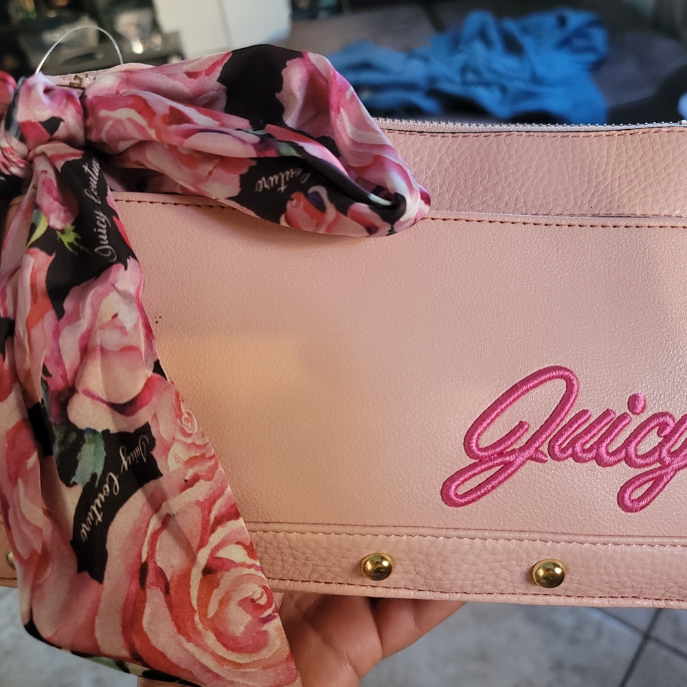 Juicy Couture Pink Logo Wristlet with Floral Scarf Accent